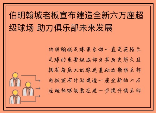 伯明翰城老板宣布建造全新六万座超级球场 助力俱乐部未来发展