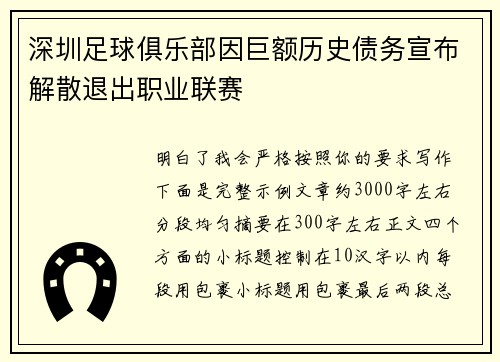 深圳足球俱乐部因巨额历史债务宣布解散退出职业联赛 深圳足球俱乐部因巨额历史债务宣布解散退出职业联赛